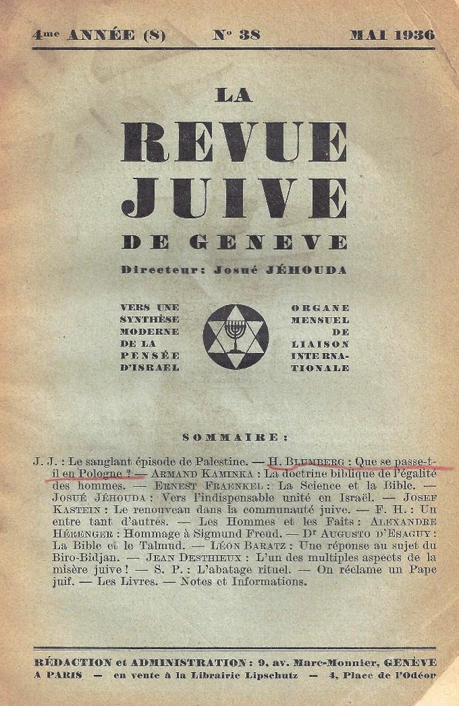 Item 193. LA REVUE JUIVE DE GENEVE. VERS UNE SYNTHESE MODERNE DE LA PENSÉE D'ISRAEL. ORGANE MENSUEL DE LIAISON INTERNATIONALE. NO. 38. MAI 1936.