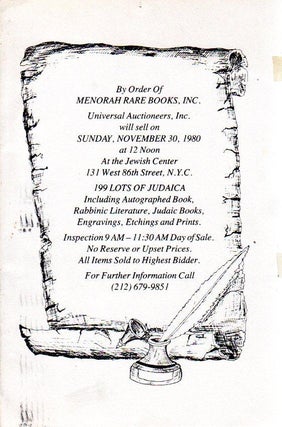 Item 4199. MENORAH RARE BOOKS, INC : 199 LOTS OF JUDAICA INCLUDING AUTOGRAPHED BOOK, RABBINIC LITERATURE, JUDAIC BOOKS, ENGRAVINGS, ETCHINGS, AND PRINTS. SUNDAY NOVEMBER 30, 1980