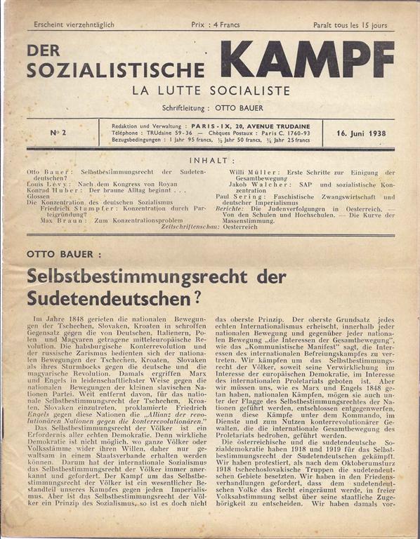 Item 4937. DER SOZIALISTISCHE KAMPF. LA LUTTE SOCIALISTE. NO 2. 16. JUNI 1938.