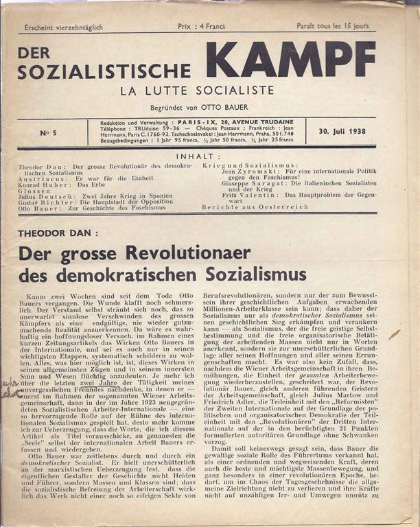 Item 4938. DER SOZIALISTISCHE KAMPF. LA LUTTE SOCIALISTE. NO 5. 30. JULI 1938.
