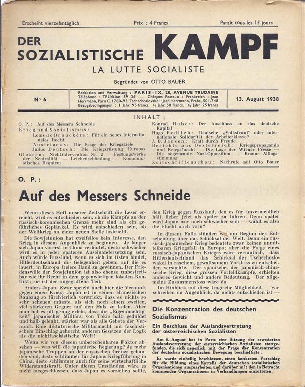 Item 4939. DER SOZIALISTISCHE KAMPF. LA LUTTE SOCIALISTE. NO 6. 13. AUGUST 1938.