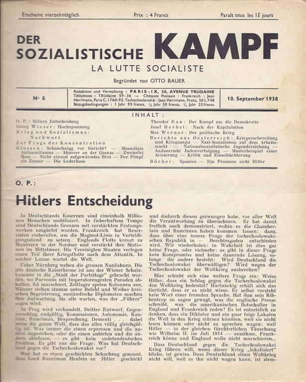 Item 4940. DER SOZIALISTISCHE KAMPF. LA LUTTE SOCIALISTE. NO 8. 10. SEPTEMBER 1938.