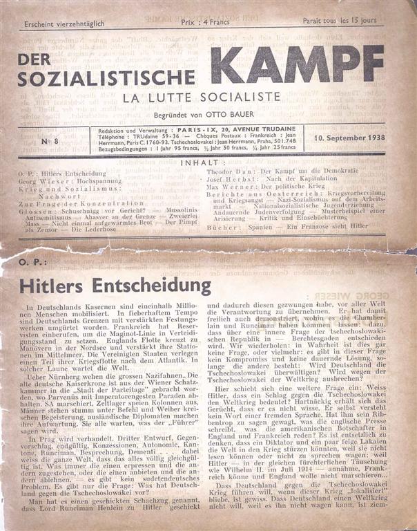 Item 4941. DER SOZIALISTISCHE KAMPF. LA LUTTE SOCIALISTE. NO 8. 10. SEPTEMBER 1938.