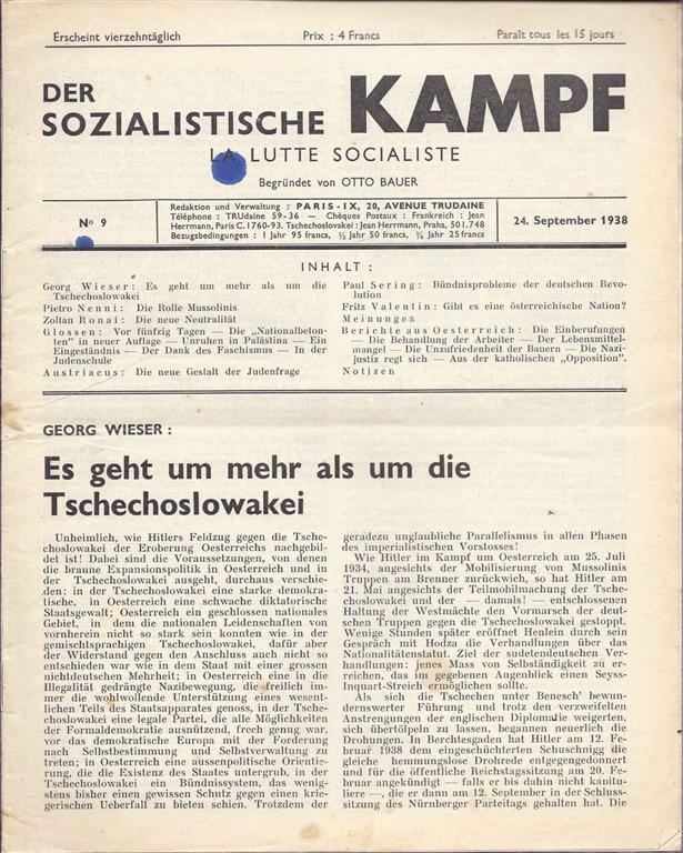 Item 4942. DER SOZIALISTISCHE KAMPF. LA LUTTE SOCIALISTE. NO 9. 24. SEPTEMBER 1938.