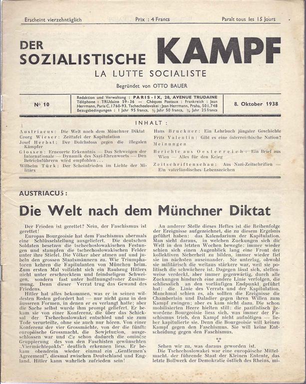 Item 4943. DER SOZIALISTISCHE KAMPF. LA LUTTE SOCIALISTE. NO 10. 8. OKTOBER 1938.