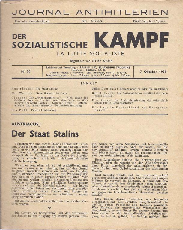Item 4945. DER SOZIALISTISCHE KAMPF. LA LUTTE SOCIALISTE (JOURNAL ANTIHITLERIEN) . NO 20. 7. OKTOBER 1939.