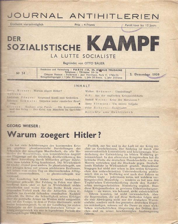Item 4946. DER SOZIALISTISCHE KAMPF. LA LUTTE SOCIALISTE (JOURNAL ANTIHITLERIEN) . NO 24. 2. DEZEMBER 1939.
