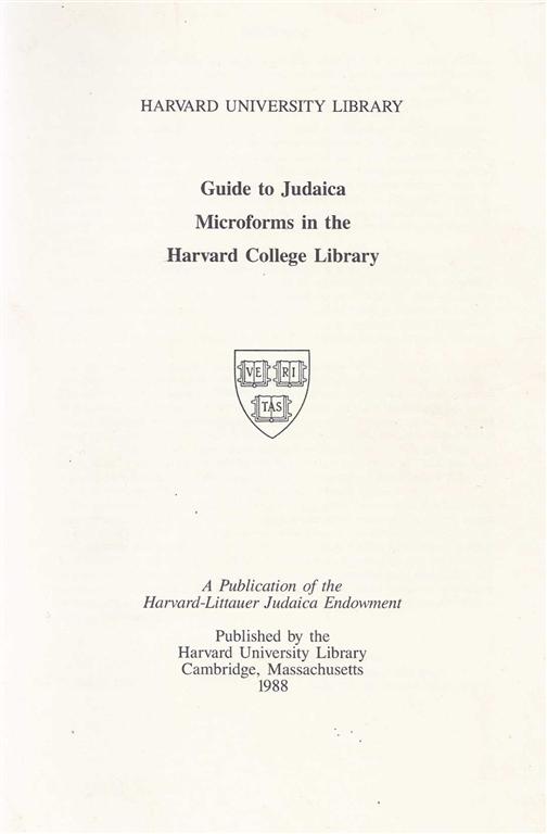 Item 6430. GUIDE TO JUDAICA MICROFORMS IN THE HARVARD COLLEGE LIBRARY