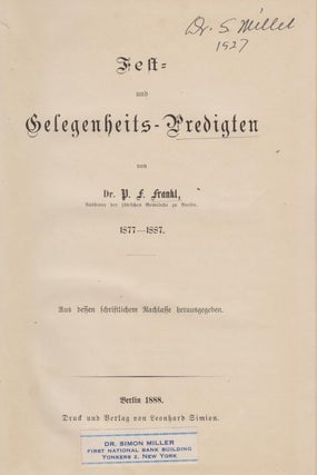 Item 7954. FEST- UND GELEGENHEITS-PREDIGTEN, 1877-1887; AUS DESSEN SCHRIFTLICHEM NACHLASSE HERAUSGEGEBEN