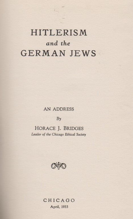 HITLERISM AND THE GERMAN JEWS: AN ADDRESS | Horace J. Bridges