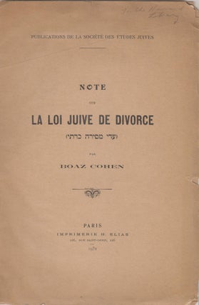 Item 8224. NOTE SUR LA LOI JUIVE DE DIVORCE ...[INSCRIBED BY THE AUTHOR]