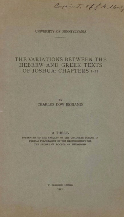 Item 8322. THE VARIATIONS BETWEEN THE HEBREW AND GREEK TEXTS OF JOSHUA: CHAPTERS 1-12