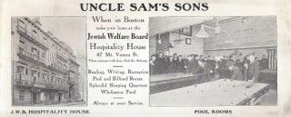 Item 8679. [POSTCARD] UNCLE SAM'S SONS. WHEN IN BOSTOM MAKE YOUR HOME AT THE JEWISH WELFARE BOARD HOSPITALITY HOUSE