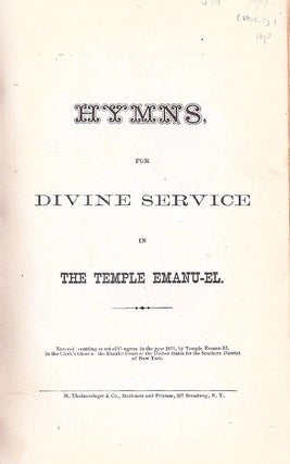 Item 9187. HYMNS FOR DIVINE SERVICE IN THE TEMPLE EMANU-EL