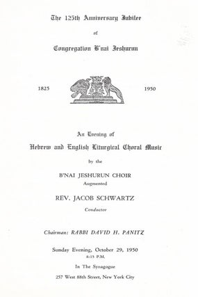 Item 9210. THE 125TH ANNIVERSARY JUBILEE OF CONGREGATION B’NAI JESHURUN 1825-1950