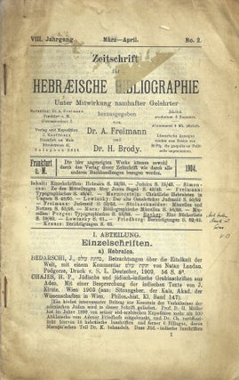 Item 10020. ZEITSCHRIFT FÜR HEBRAEISCHE BIBLIOGRAPHIE VOL. VIII. NO. 2