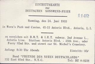 Item 21879. [FLYER] EINTRITTSKARTE ZUR DEUTSCHEN SONNWEND-FEIER; SAMSTAG, DEN 24. JUNI 1933