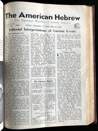 Item 44293. THE AMERICAN HEBREW. VOL. 147 NRS. 1-26. MAY 17-NOV 8, 1940. 26 ISSUES PRESENT, COMPLETE HALF YEAR.
