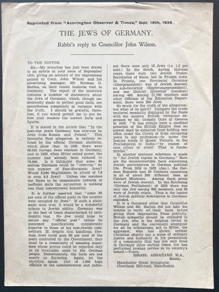 Item 44300. THE JEWS OF GERMANY. RABBI’S REPLY TO COUNCILLOR JOHN WILSON