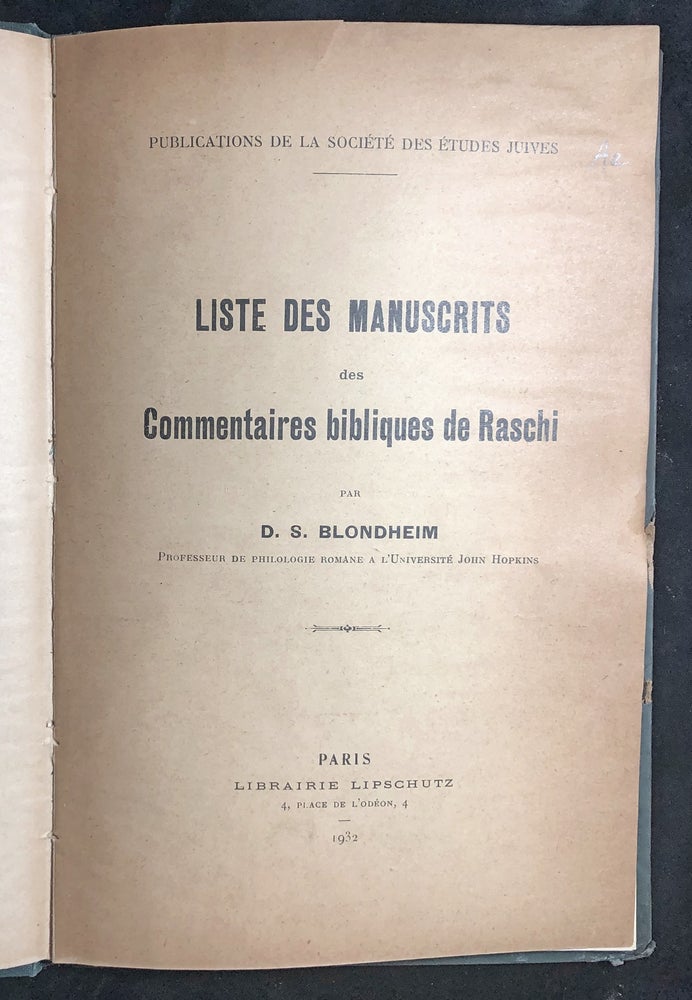 Item 54542. Liste Des Manuscrits Des Commentaires Bibliques De Raschi
