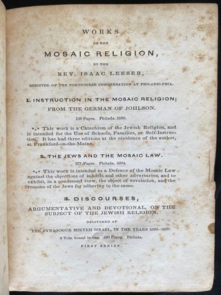 Item 281609. TWELVE SERMONS DELIVERED IN THE NEW TEMPLE OF THE ISRAELITES AT HAMBURGH. TRANSLATED FROM THE GERMAN BY ANNA MARIA GOLDSMID. FIRST AMERICAN EDITION.