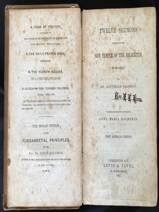 Item 281609. TWELVE SERMONS DELIVERED IN THE NEW TEMPLE OF THE ISRAELITES AT HAMBURGH. TRANSLATED FROM THE GERMAN BY ANNA MARIA GOLDSMID. FIRST AMERICAN EDITION.