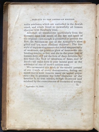 Item 281609. TWELVE SERMONS DELIVERED IN THE NEW TEMPLE OF THE ISRAELITES AT HAMBURGH. TRANSLATED FROM THE GERMAN BY ANNA MARIA GOLDSMID. FIRST AMERICAN EDITION.