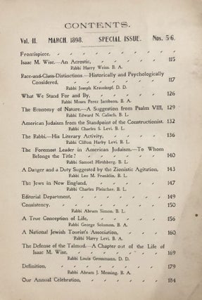 Item 54816. THE H.U.C. JOURNAL. VOL. II. NOS. 5-6 “THE ISAAC M. WISE NUMBER” MARCH 1898.