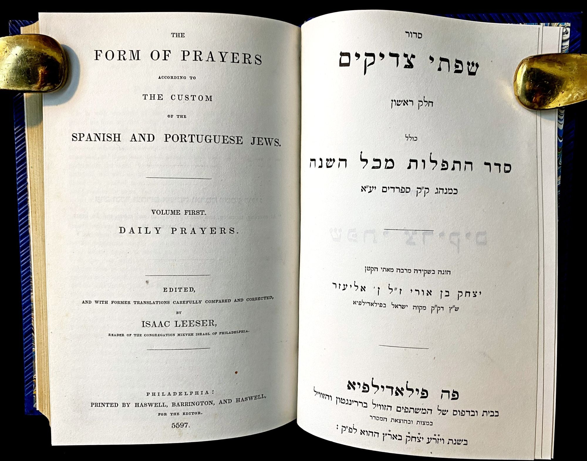 SIDUR SIFTEI TSADIKIM. THE FORM OF PRAYERS ACCORDING TO THE CUSTOM OF THE  SPANISH AND PORTUGUESE JEWS. COMPLETE SET IN SIX VOLUMES סדור שפתי