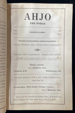 Item 265344. AHJO. THE FORGE. VOL II 1917 NRS 1-4; VOL III 1918, NRS 1-4 [8 ISSUES TOTAL, COMPLETE FOR VOLS II & III] [ASSOCIATION COPY WITH STAMPS OF THE PUBLISHER, WORK PEOPLE’S COLLEGE]