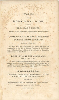 Item 281632. TWELVE SERMONS DELIVERED IN THE NEW TEMPLE OF THE ISRAELITES AT HAMBURGH. TRANSLATED FROM THE GERMAN BY ANNA MARIA GOLDSMID. FIRST AMERICAN EDITION.