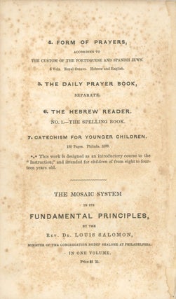Item 281632. TWELVE SERMONS DELIVERED IN THE NEW TEMPLE OF THE ISRAELITES AT HAMBURGH. TRANSLATED FROM THE GERMAN BY ANNA MARIA GOLDSMID. FIRST AMERICAN EDITION.