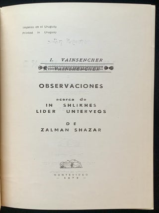 Item 281661. BAMERKUNGEN TSU IN SHLIHES: LIDER UNTERVEGS FUN ZALMAN SHAZAR