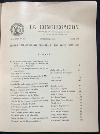 Item 281675. LA CONGREGACI&Oacute;N: &Oacute;RGANO DE LA CONGREGACI&Oacute;N ISRAELITA DE LA REP&Uacute;BLICA ARGENTINA. (SETIEMBRE 1966) [INSCRIBED BY CONTRIBUTOR] [ONE ISSUE]