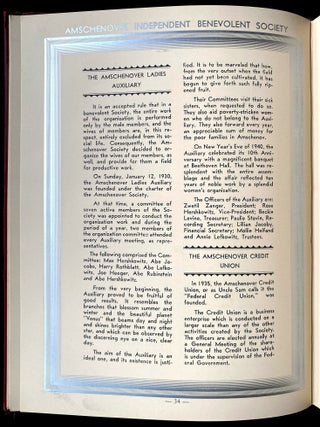 Item 281693. YUBILEY ZSHURNAL: AROYSGEGEBEN TSUM 25 YEHRIGEN YUBILE'UM FUN DI AMSHTSHENOVER IND. BENEVOLENT SOSAYETI. [COVER TITLE]: 25TH ANNIVERSARY AMSCHENOVER INDEPENDENT BENEVOLENT SOCIETY, 1916-1941.