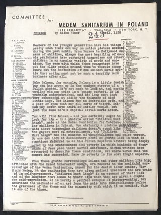 Item 281701. [LARGE ARCHIVE: 1937-1939 INTERNATIONAL DISTRIBUTION OF THE POLISH-YIDDISH FILM, &ldquo;MIR KUMEN ON,&rdquo; BY ALEKSANDER FORD, ON THE CHILDREN OF THE BUND&rsquo;S MEDEM SANITORIUM IN POLAND]