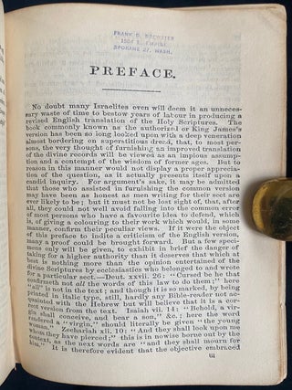 Item 281734. THE TWENTY-FOUR BOOKS OF THE HOLY SCRIPTURES, CAREFULLY TRANSLATED ACCORDING TO THE MASSORETIC TEXT, AFTER THE BEST JEWISH AUTHORITIES. TORAH, NEVI'IM VE-KHETUVIM.