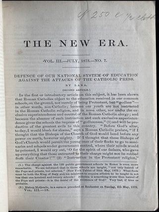 Item 281736. THE NEW ERA: A MONTHLY PERIODICAL, DEVOTED TO THE INTERESTS OF RELIGION AND HUMANITY AND TO THE DIFFUSION OF KNOWLEDGE ON JUDAISM AND JEWISH LITERATURE. VOL III: NRS 7 (July 1873), 9 (Sept 1873), 10 (Oct 1873), 11 (Nov 1873), & 12 (Dec 1873) VOL VI: NRS 1 (JAN 1876) & 2 (FEB 1876). [7 ISSUES FROM 2 VOLUMES]