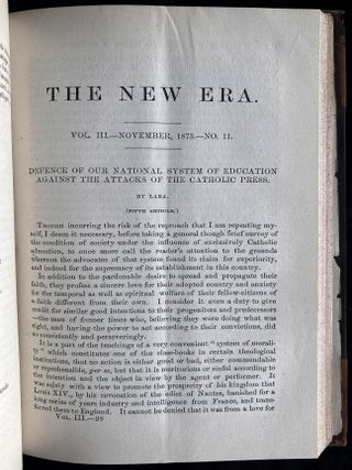 Item 281736. THE NEW ERA: A MONTHLY PERIODICAL, DEVOTED TO THE INTERESTS OF RELIGION AND HUMANITY AND TO THE DIFFUSION OF KNOWLEDGE ON JUDAISM AND JEWISH LITERATURE. VOL III: NRS 7 (July 1873), 9 (Sept 1873), 10 (Oct 1873), 11 (Nov 1873), & 12 (Dec 1873) VOL VI: NRS 1 (JAN 1876) & 2 (FEB 1876). [7 ISSUES FROM 2 VOLUMES]